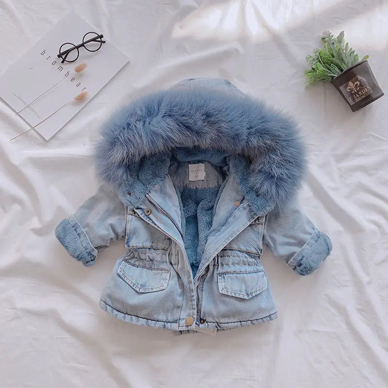 Little Alpine Fur-Trim Denim Jacket