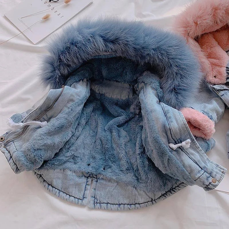 Little Alpine Fur-Trim Denim Jacket