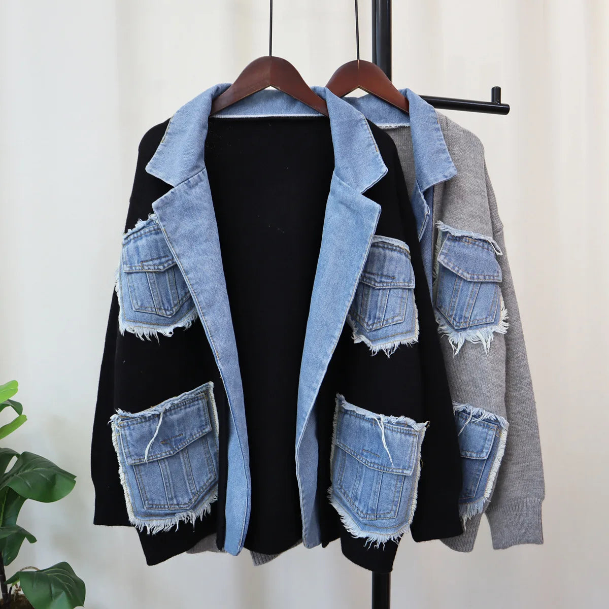 Élan Denim-Trim Knit Sweater
