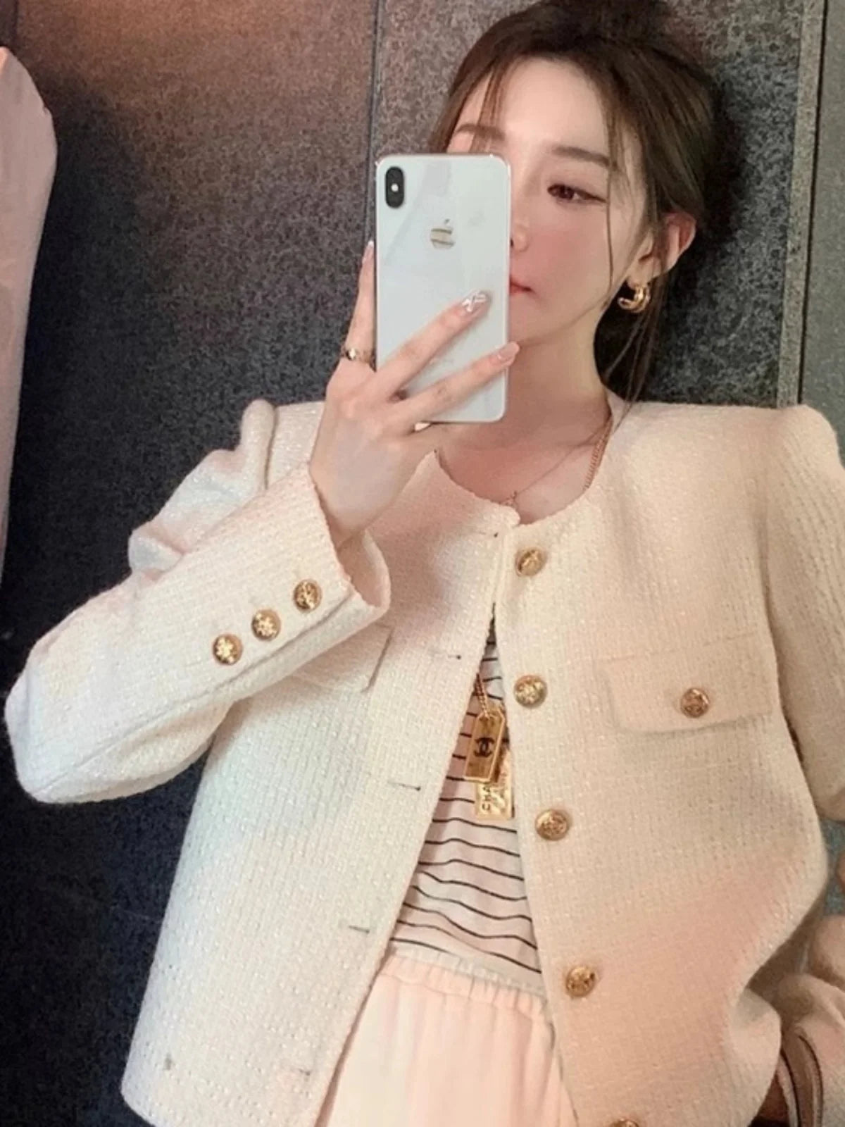 Élan Gold-Button Textured Cardigan